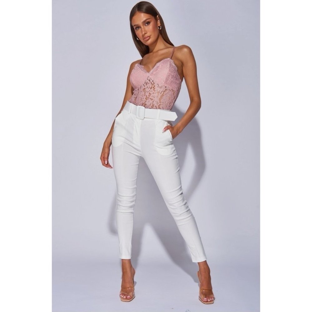 White High Waist Buckle Belt Tapered Cropped Straight Leg Ankle Pants - Picture 2 of 14